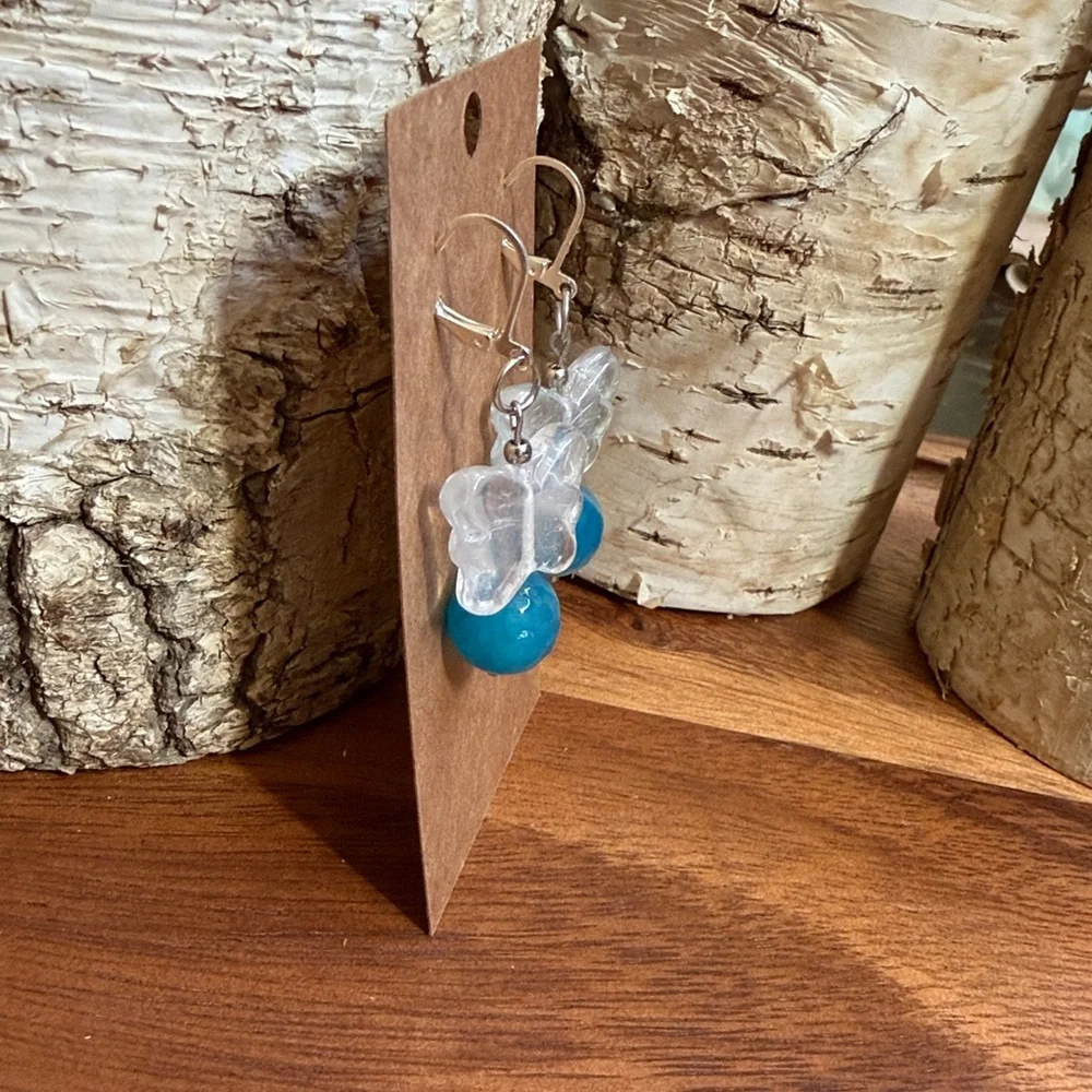 Artisan Glass Butterfly Earrings Blue Stone Vintage Bead Dangle - Picture 4 of 7